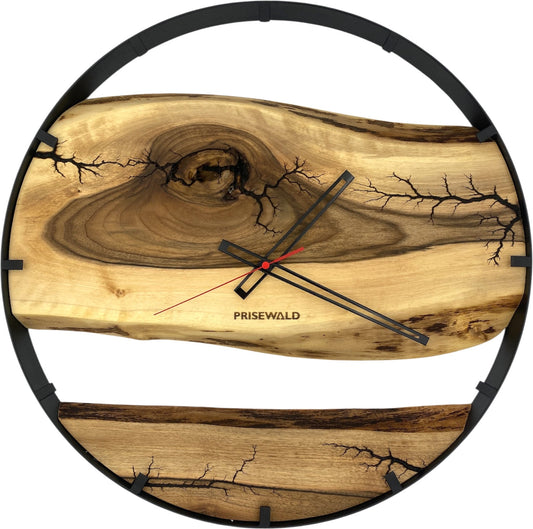 Runde Wanduhr aus Walnussholz, 50 cm, schwarzer Rahmen, Teilstriche Ziffern, Lichtenberg-Effekt