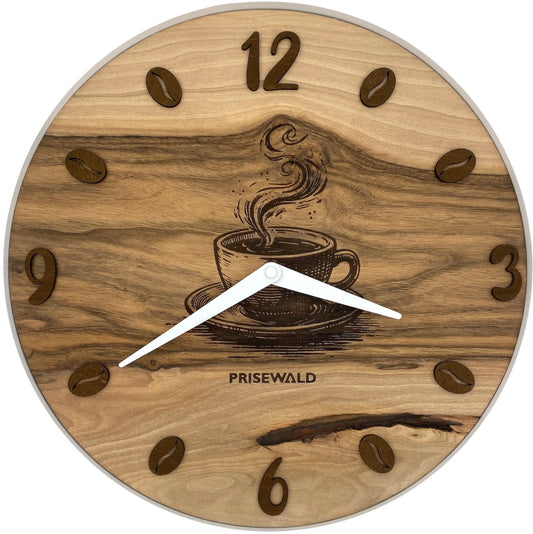 Runde Wanduhr aus Walnussholz, 35 cm, weisser Rahmen, Kaffeeziffern, Kaffeemotiv