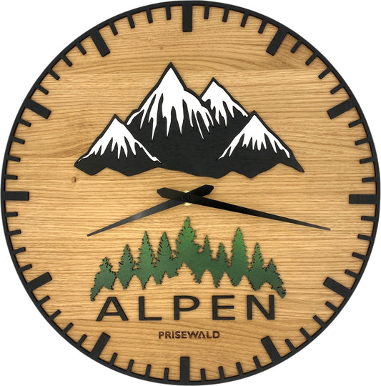 Runde Wanduhr aus Eichenholz, 35 cm, ohne Ring, Teilstriche Ziffern, Wald, schneebedeckte Berge, ALPEN