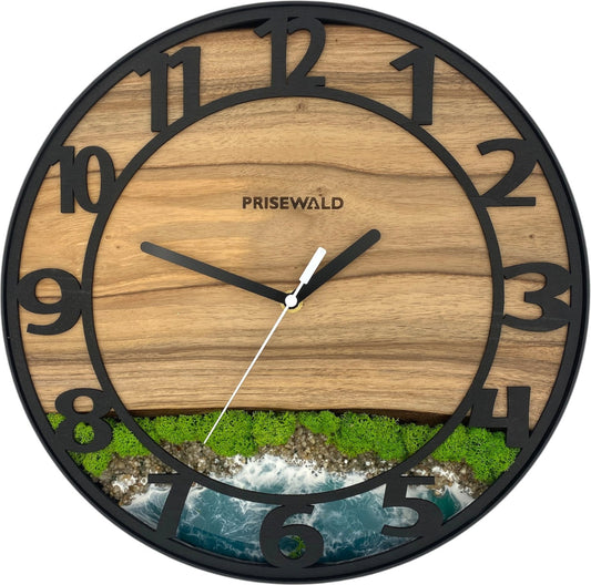 Runde Wanduhr aus Walnussholz, 35 cm, schwarzer Rahmen, arabische Ziffern, blaues Epoxidharz, grünes Moos, Insel, Küste