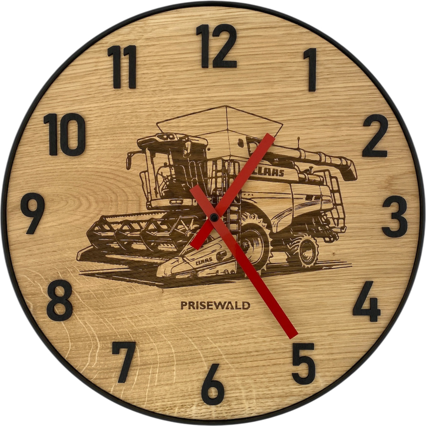 Runde Wanduhr aus Eichenholz, 35 cm, schwarzer Rahmen, arabische Ziffern, Mähdrescher CLAAS