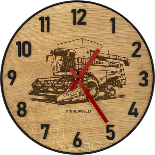 Runde Wanduhr aus Eichenholz, 35 cm, schwarzer Rahmen, arabische Ziffern, Mähdrescher CLAAS