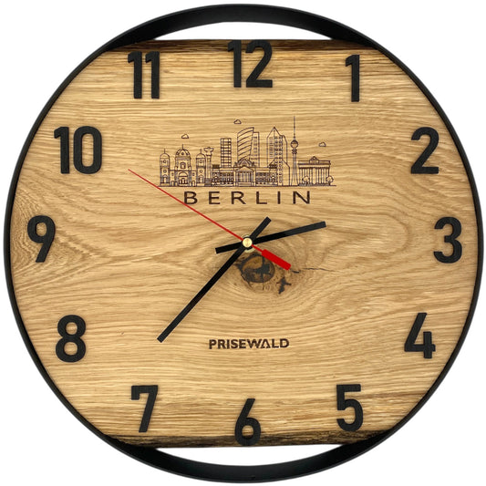 Runde Wanduhr aus Eichenholz, 35 cm, schwarzer Rahmen, arabische Ziffern, BERLIN
