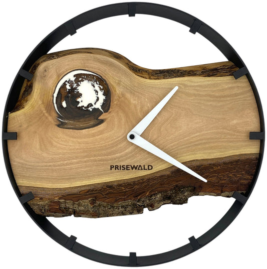 Runde Wanduhr aus Walnussholz, 35 cm, schwarzer Rahmen, Teilstriche Ziffern, weißes Epoxidharz