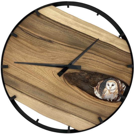 Runde Wanduhr aus Walnussholz, 50 cm, schwarzer Rahmen, Teilstriche Ziffern, Eule