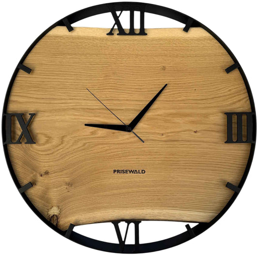 Runde Wanduhr aus Eichenholz, 50 cm, schwarzer Rahmen, römische Ziffern