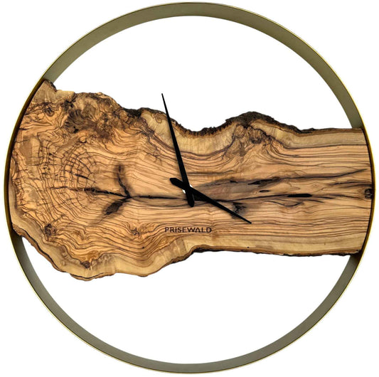 Runde Wanduhr aus Olivenholz, 50 cm, goldener Rahmen, keine Ziffern