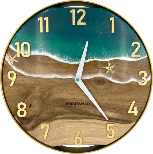 Runde Wanduhr aus Walnussholz, 35 cm, goldener Rahmen, arabische Ziffern, türkises Epoxidharz, Seestern