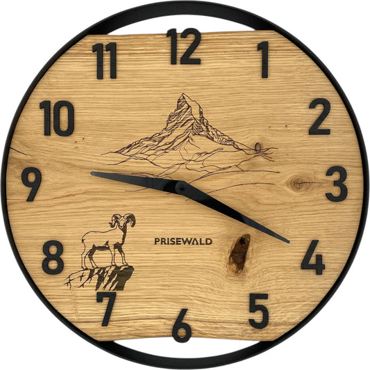 Runde Wanduhr aus Eichenholz, 35 cm, schwarzer Rahmen, arabische Ziffern, Matterhorn, Widder