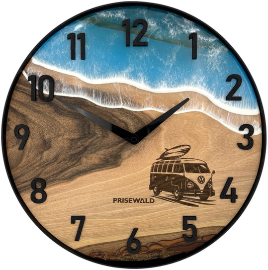 Runde Wanduhr aus Walnussholz, 35 cm, schwarzer Rahmen, arabische Ziffern, blaues Epoxidharz, VW-Wohnmobil