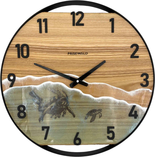 Runde Wanduhr aus Eschenholz, 50 cm, schwarzer Rahmen, arabische Ziffern, Durchsichtiges Epoxidharz, Taucher mit einer Schildkröte