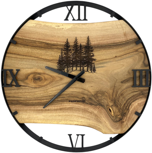 Runde Wanduhr aus Walnussholz, 50 cm, schwarzer Rahmen, römische Ziffern, Tannenwald