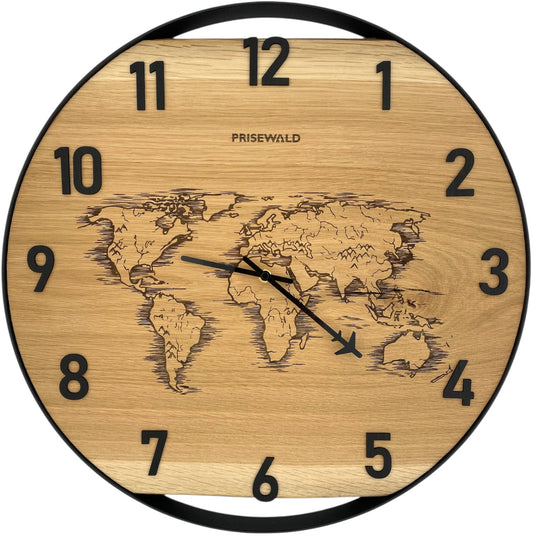 Runde Wanduhr aus Eichenholz, 50 cm, schwarzer Rahmen, arabische Ziffern, Weltkarte
