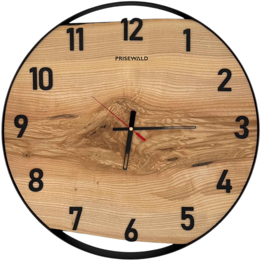Runde Wanduhr aus Eschenholz, 50 cm, schwarzer Rahmen, arabische Ziffern