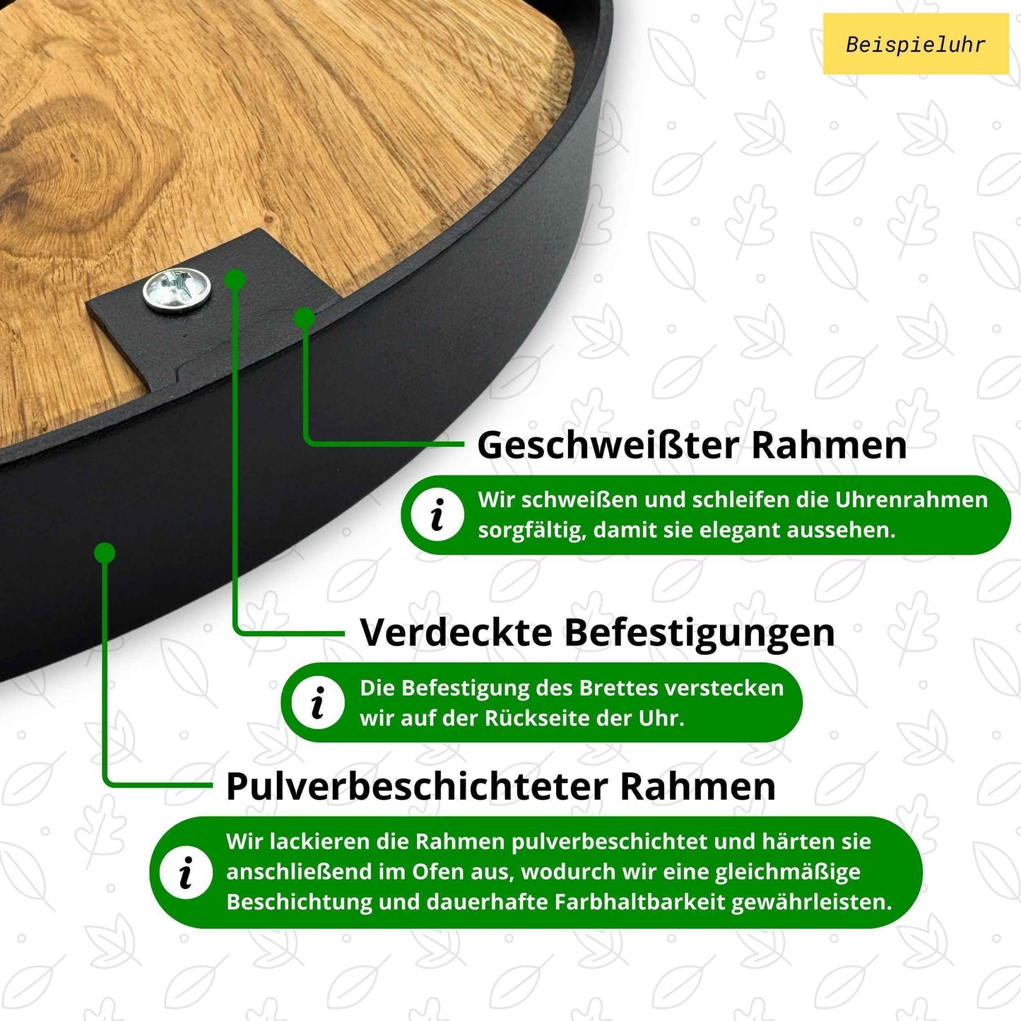 Runde Wanduhr aus Eschenholz, 50 cm, schwarzer Rahmen, arabische Ziffern, blaues Epoxidharz