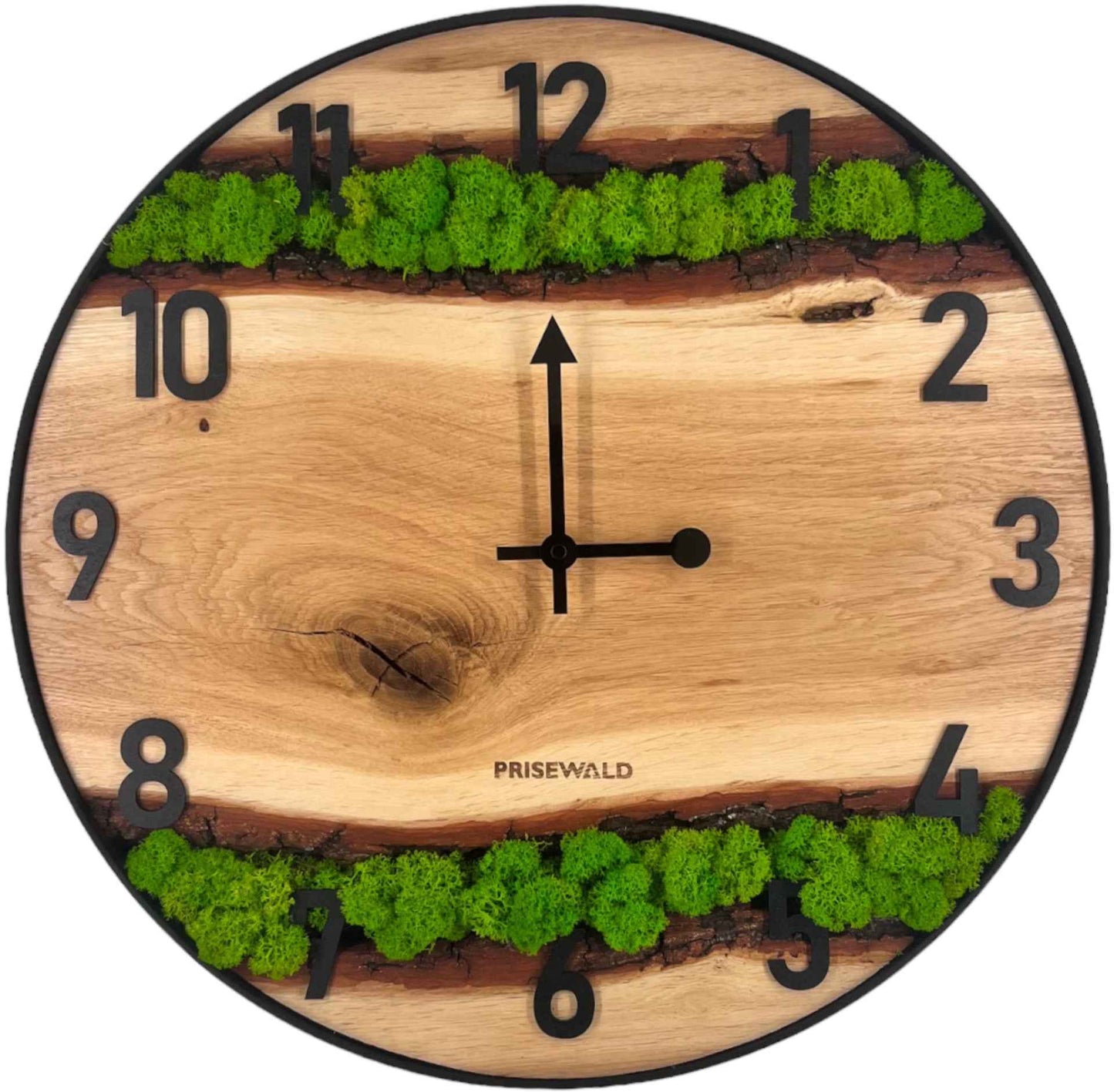 Runde Wanduhr aus Eichenholz, 50 cm, schwarzer Rahmen, arabische Ziffern, grünes Moos