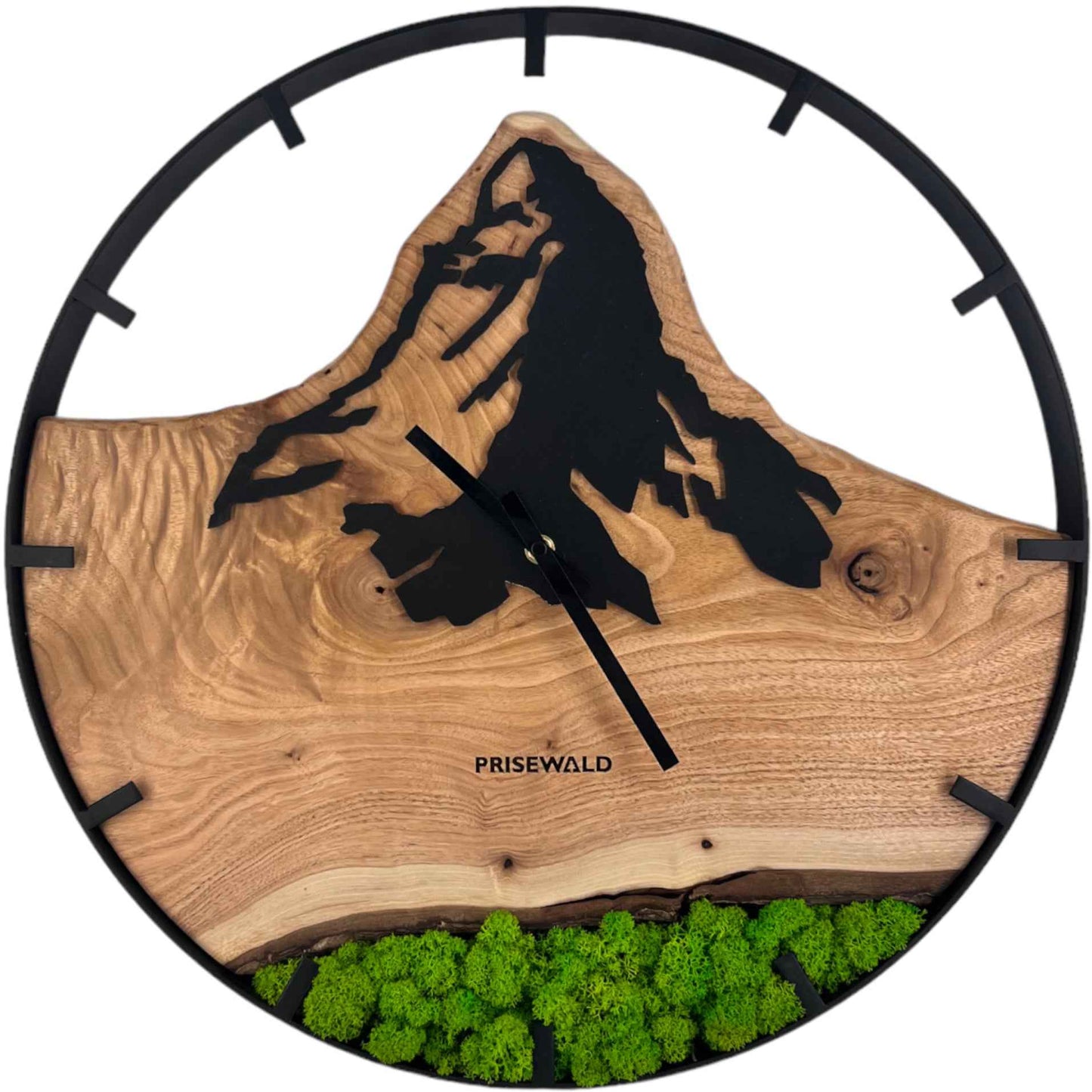 Runde Wanduhr aus Walnussholz, 50 cm, schwarzer Rahmen, Teilstriche Ziffern, grünes Moos, Matterhorn,