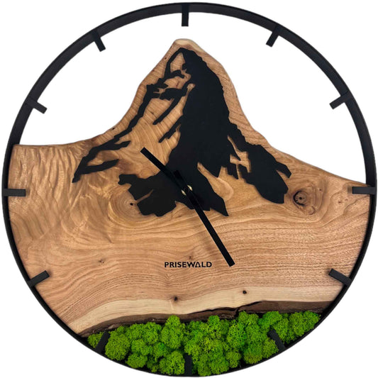 Runde Wanduhr aus Walnussholz, 50 cm, schwarzer Rahmen, Teilstriche Ziffern, grünes Moos, Matterhorn,