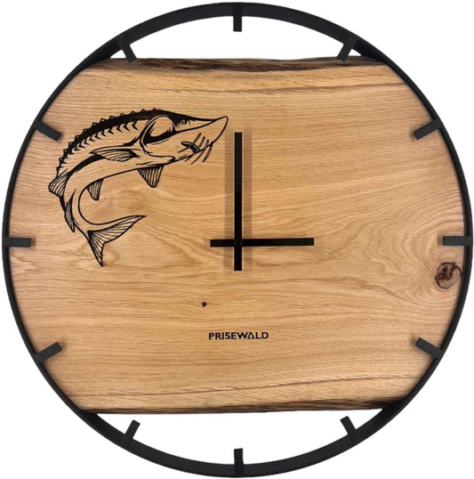 Runde Wanduhr aus Eichenholz, 50 cm, schwarzer Rahmen, Teilstriche Ziffern, Stör