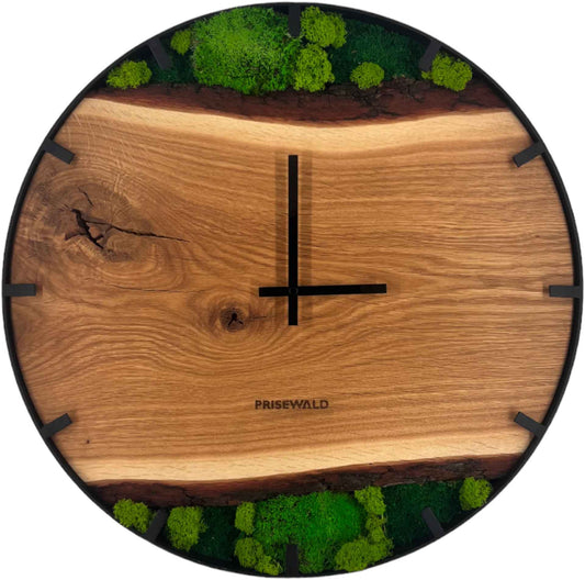 Runde Wanduhr aus Eichenholz, 50 cm, schwarzer Rahmen, Teilstriche Ziffern, grünes Moos