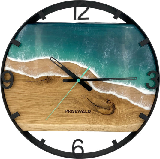 Runde Wanduhr aus Eichenholz, 35 cm, schwarzer Rahmen, arabische Ziffern, türkises Epoxidharz