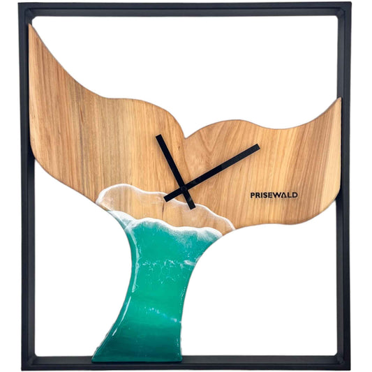 Quadratische Wanduhr aus Ulmenholz, 50 cm, schwarzer Rahmen, keine Ziffern, türkises Epoxidharz, Fischflosse