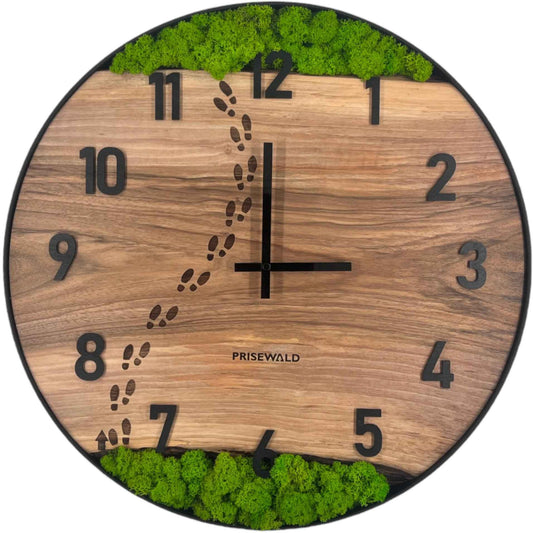 Runde Wanduhr aus Walnussholz, 50 cm, schwarzer Rahmen, arabische Ziffern, Fußabdrücke