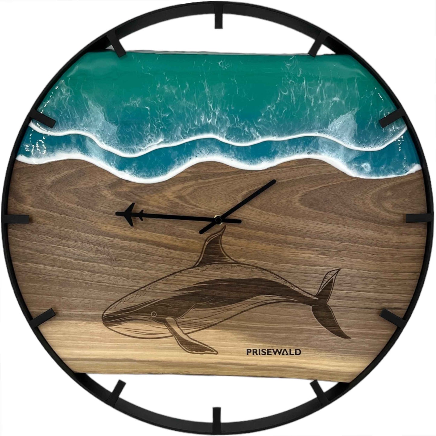 Runde Wanduhr aus Walnussholz, 50 cm, schwarzer Rahmen, Teilstriche Ziffern, türkises Epoxidharz, Wal