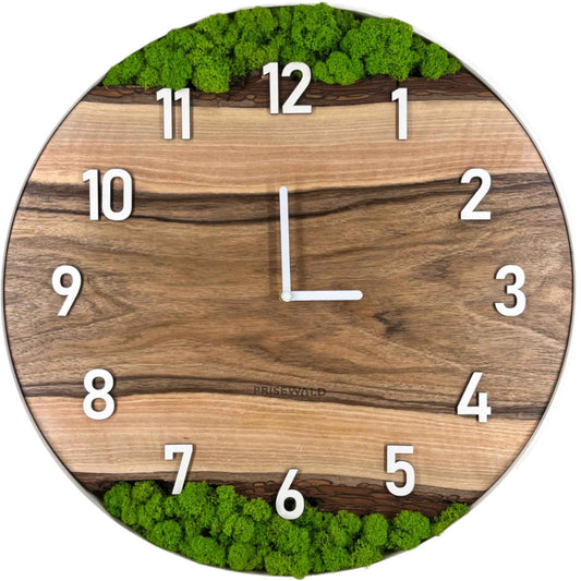 Runde Wanduhr aus Walnussholz, 50 cm, weisser Rahmen, arabische Ziffern, grünes Moos