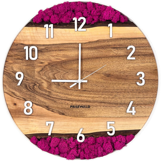 Runde Wanduhr aus Walnussholz, 50 cm, weisser Rahmen, weisse arabische Ziffern, rosa Moos