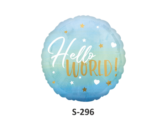 Geburt Folienballon Hello World Blau und Gold Ø 38 cm