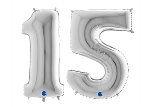 Zahlenfolienballons 15 (FÜNFZEHN) in SILBER 80cm