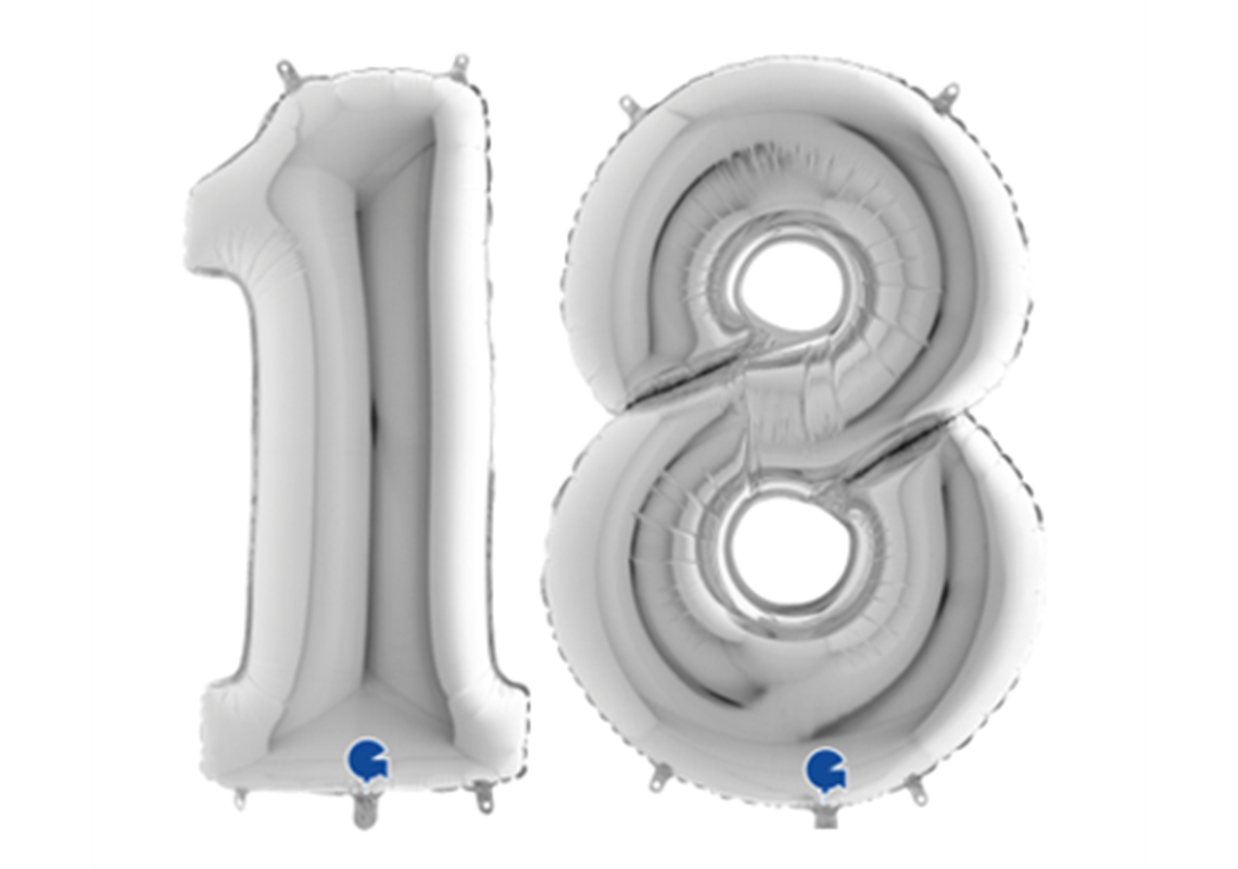 Zahlenfolienballons 18 (ACHTZEHN) in SILBER 80cm