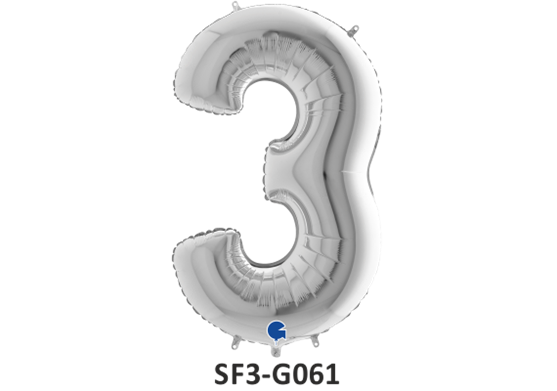 Zahlenfolienballon - Zahl 3 (drei) - in SILBER 80 cm