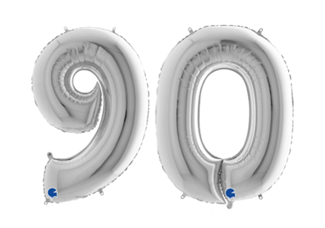 Zahlenfolienballons 90 (NEUNZIG) in SILBER 80cm